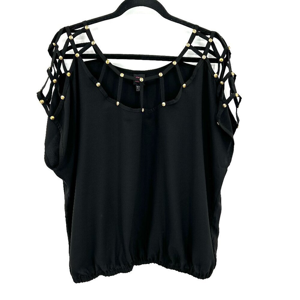 BEBE 2b Black Gold Gladiator Cut Out Embellished Boxy Lightweight Shirt Large
